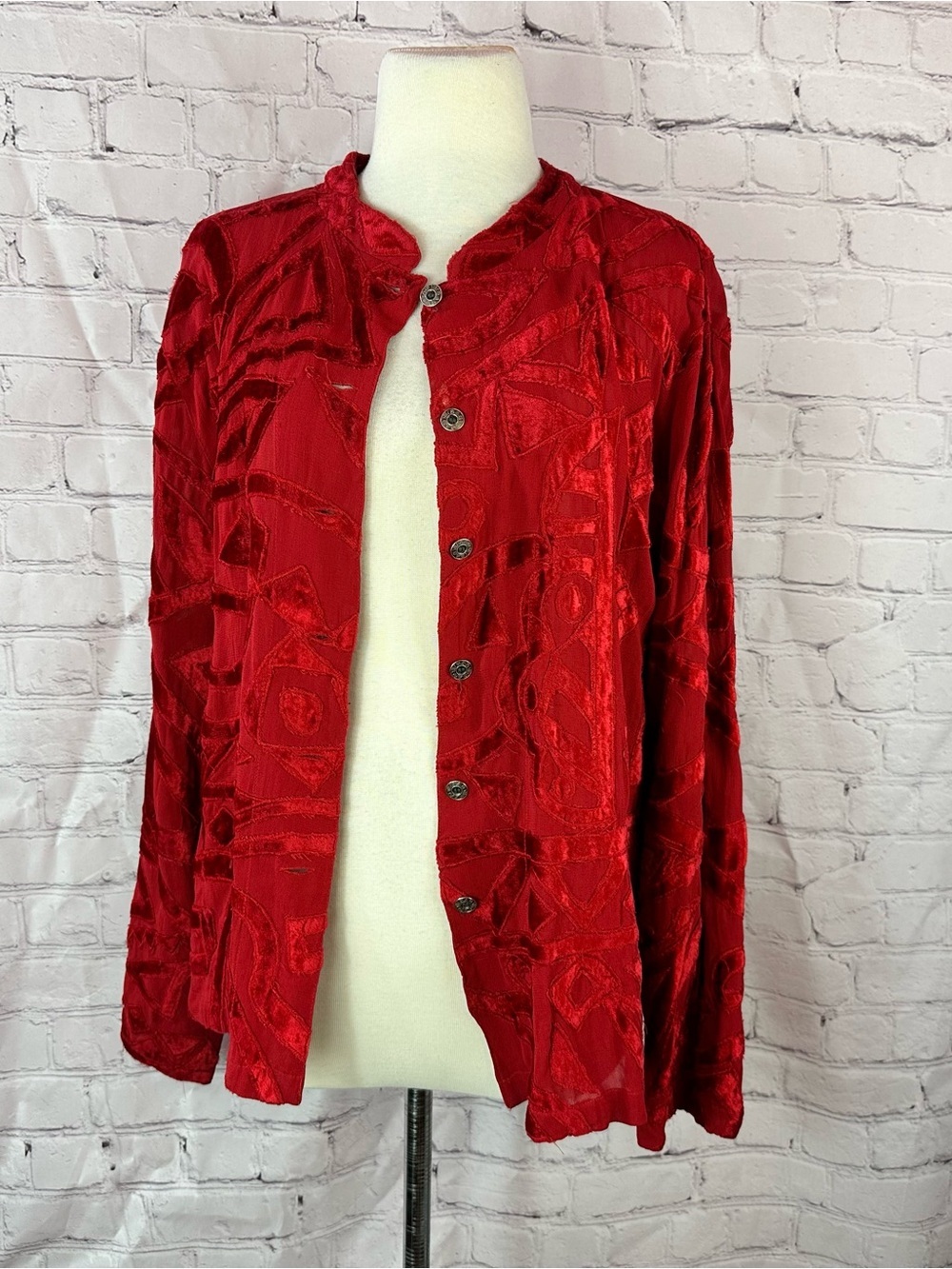 Chico's (3) Red Textured burnout velvet top women XL dressy layer holiday sheer